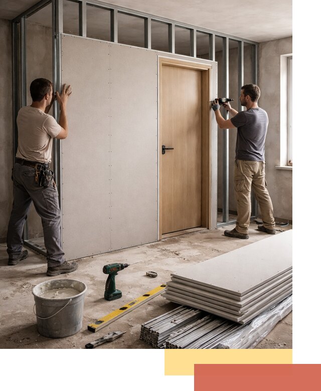 Перегородка из гипсокартона с дверью под ключ в Орле