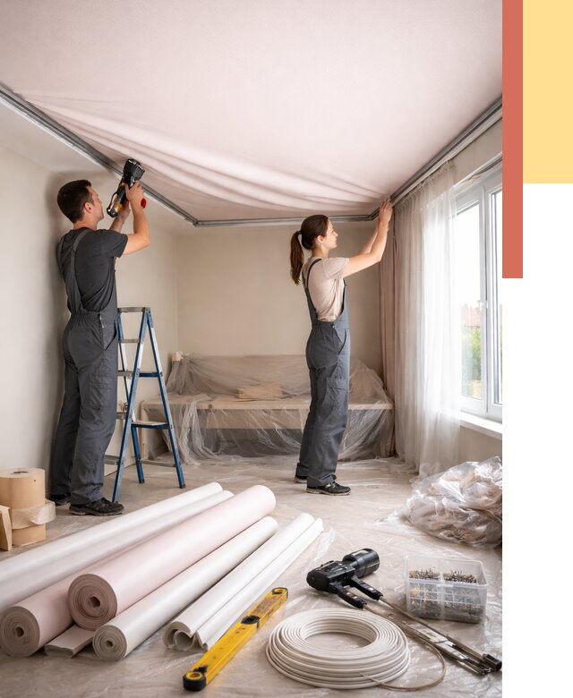 Монтаж цветного натяжного потолка в Орле от 4252 руб/м² — быстро и недорого | ОТДЕЛОЧНИК-Орл