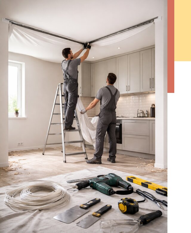 Установка натяжного потолка на кухне в Орле от 2430 руб. | ОТДЕЛОЧНИК-Орл