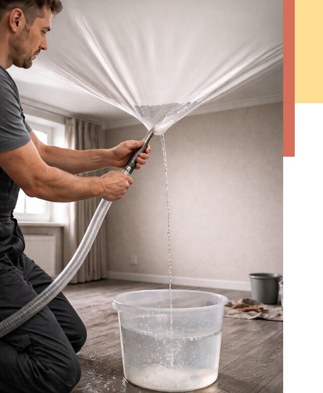 Слив воды с натяжного потолка в Орле от 2531 руб. быстро и недорого | ОТДЕЛОЧНИК-Орл