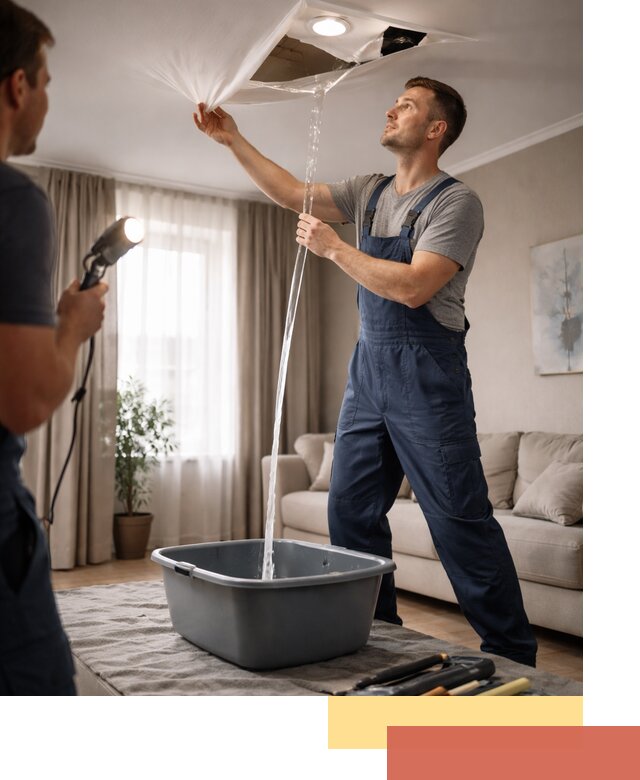 Слив воды с натяжного потолка в Орле быстро и аккуратно